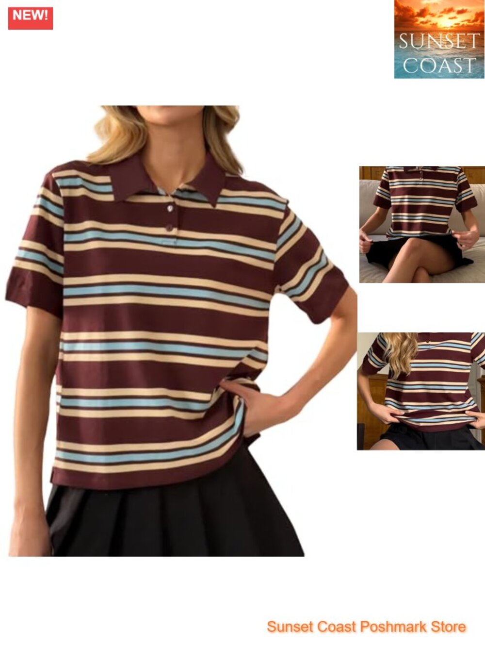 Women Striped Colorblock Button Up Polo T-Shirt Short Sleeve Loose Fit Preppy